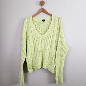 LINE The Label Citron Green Cable Knit Cotton Sweater Deep V-Neck Large Pullover